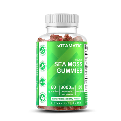Irish Sea Moss Gummies - 3000 Mg - 60 Vegan Gummies - Made with Bladderwrack & Burdock Root - Seamoss Supplement for Thyroid, Energy, Immune Support