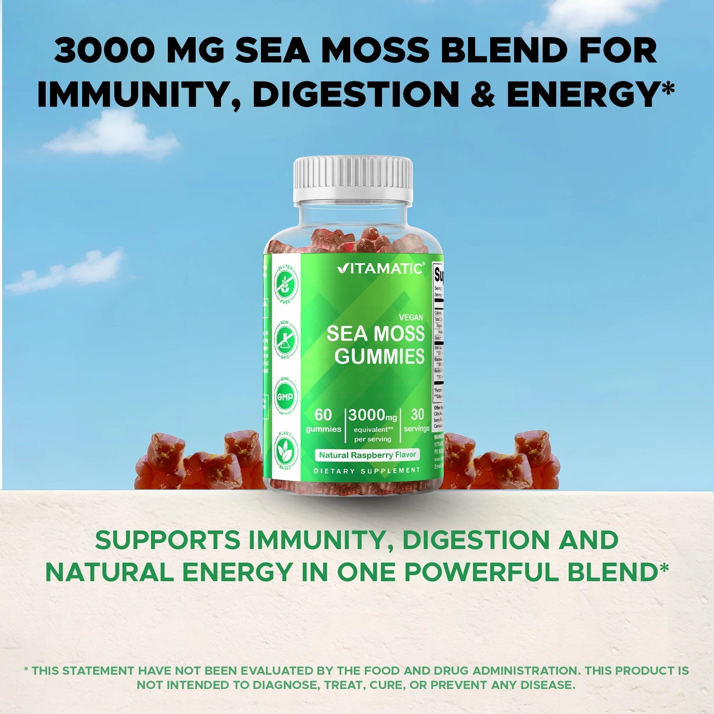 Irish Sea Moss Gummies - 3000 Mg - 60 Vegan Gummies - Made with Bladderwrack & Burdock Root - Seamoss Supplement for Thyroid, Energy, Immune Support