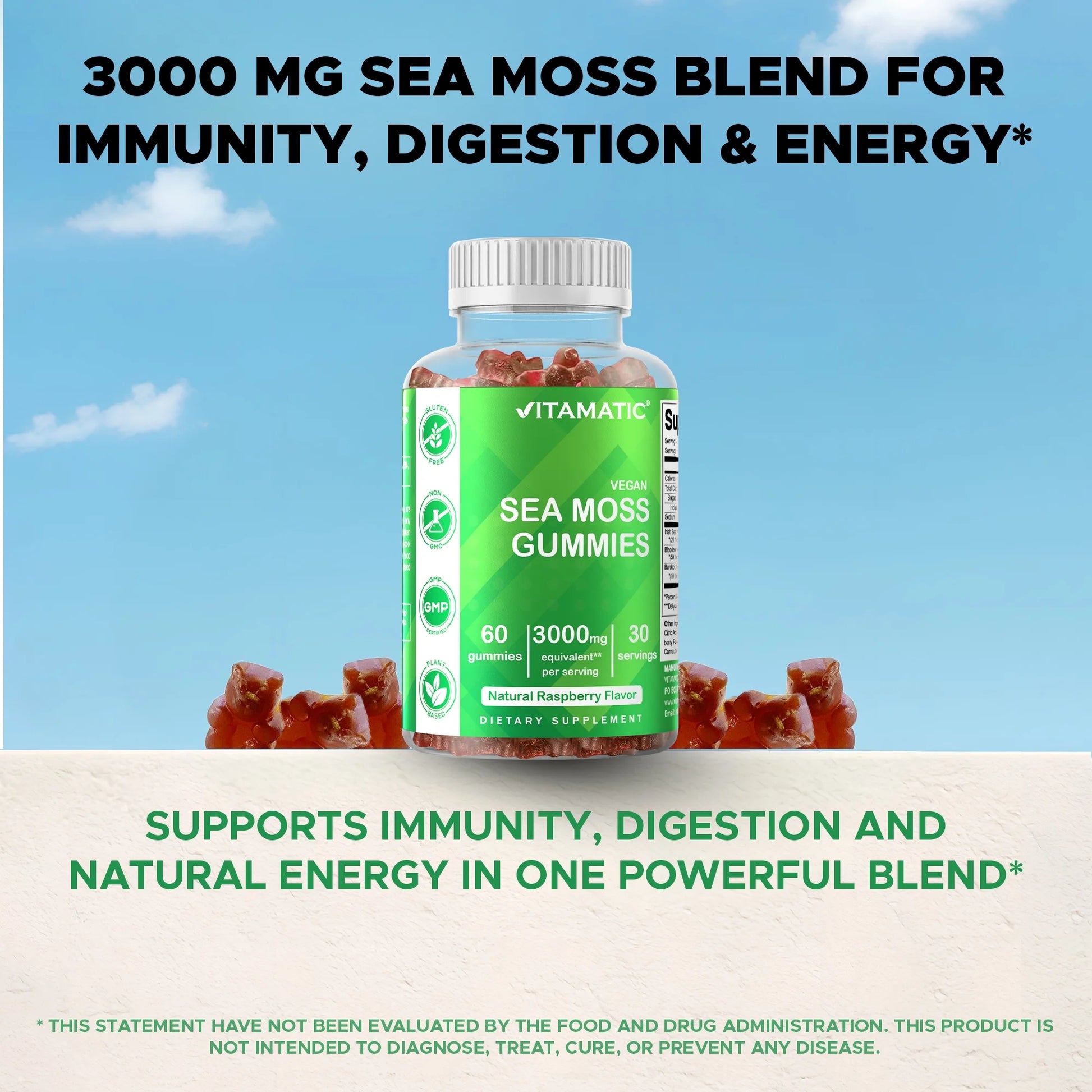 Irish Sea Moss Gummies - 3000 Mg - 60 Vegan Gummies - Made with Bladderwrack & Burdock Root - Seamoss Supplement for Thyroid, Energy, Immune Support