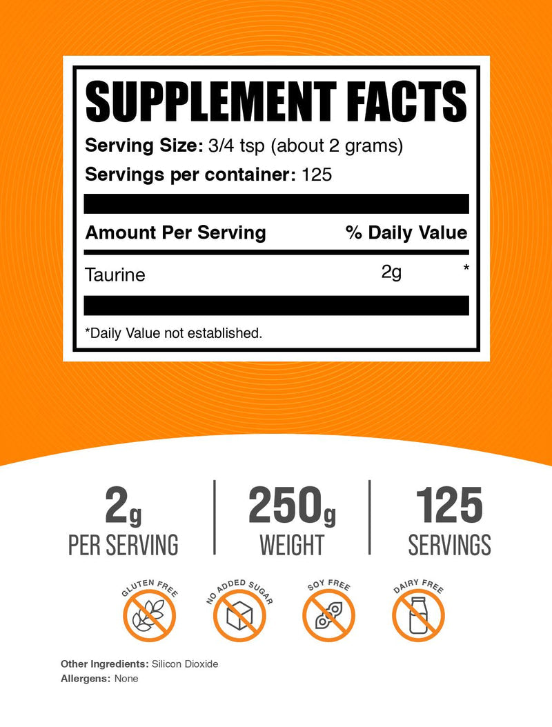 Bulksupplements Taurine Powder - Gluten Free, 2G per Serving - 500 Grams (1.1 Lbs) - 250 Servings